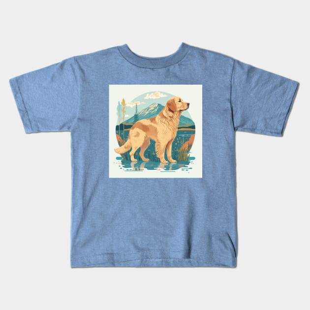 Golden Retriever in Mountain Scene Kids T-Shirt by Star Scrunch